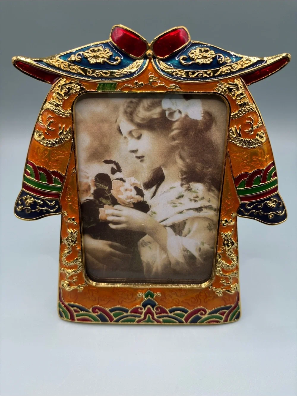 Enamel Emperor Empress Kimono Photo Frame Set - Red and Gold